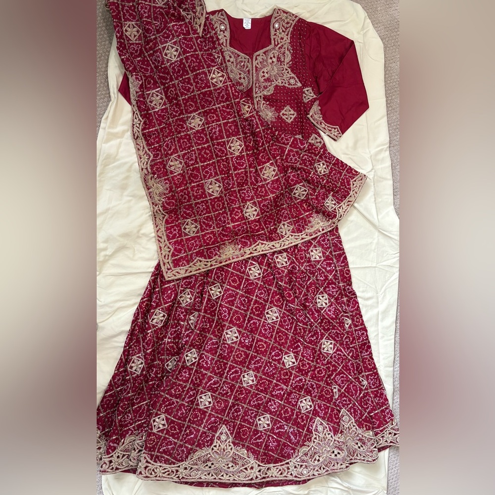 Elegant 100% silk Royal Red and gold Embroidered Lengha;